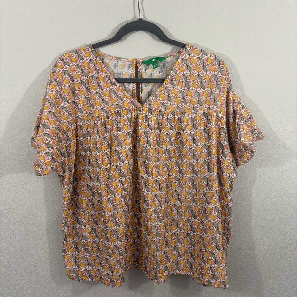 Dip Boxy Short Sleeve Cotton Blouse Sz XL Lightweight Spring Summer Pattern